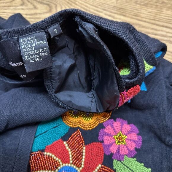 Michael Simon Small Beaded Embroidered‎ Floral Flower Sweater Cardigan Black EUC - Picture 4 of 8
